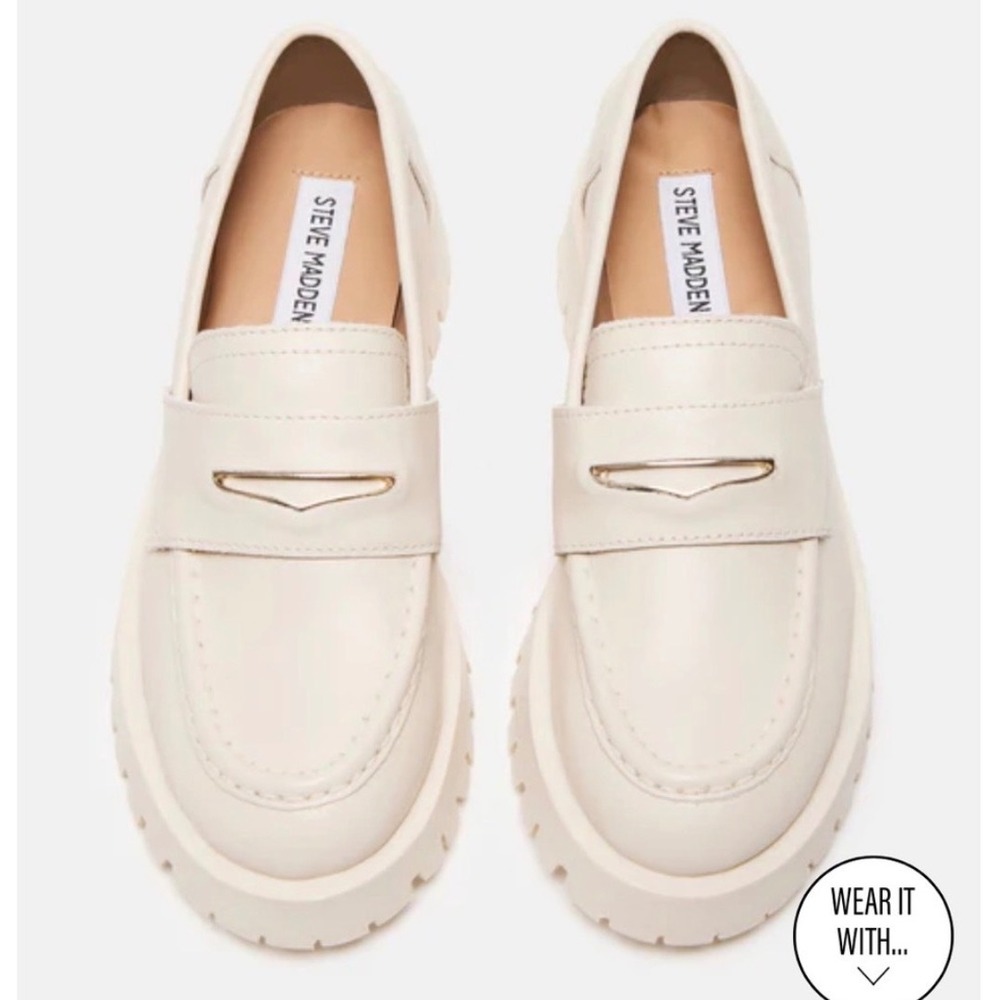 Steve Madden Lawrence Bone Leather Chunky Lug Sole Platform Loafers‎ 8M LAWR01S1